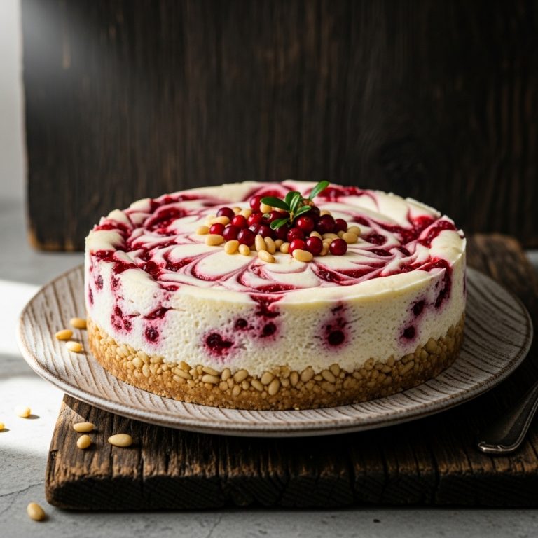 Lingonberry-Infused Cloud Forest Cheesecake with Pine Nut Crust