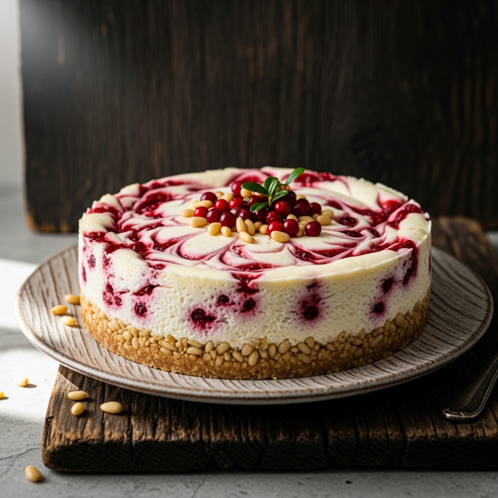 Lingonberry-Infused Cloud Forest Cheesecake with Pine Nut Crust