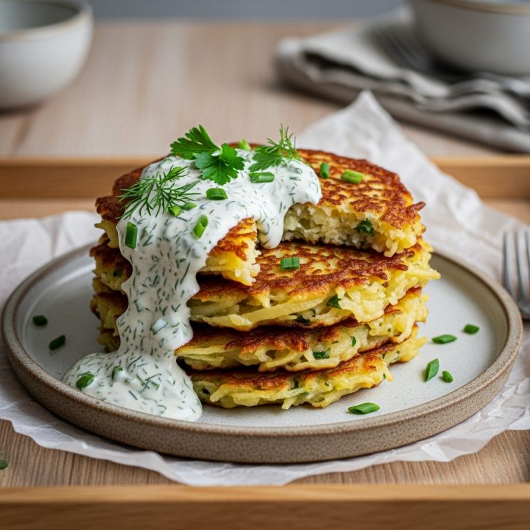 “Luscious German Vegetarian Potato Pancakes with Creamy Herb Sauce”