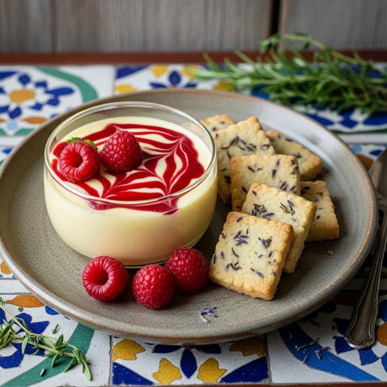 “Luscious Lemon Posset with Raspberry Coulis and Lavender Shortbread”