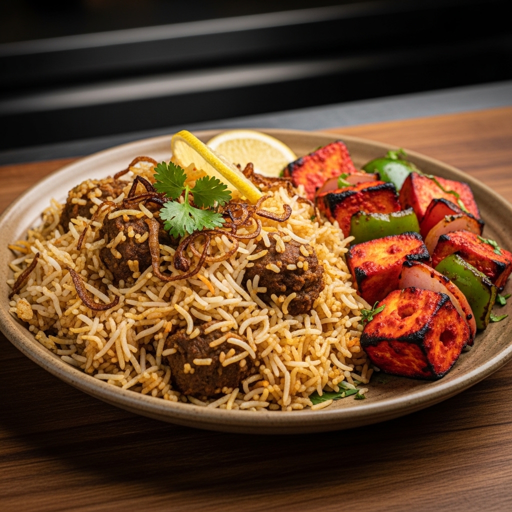 “Luscious Pakistani Brunch Symphony: Aromatic Biryani & Delightful Paneer Tikka”