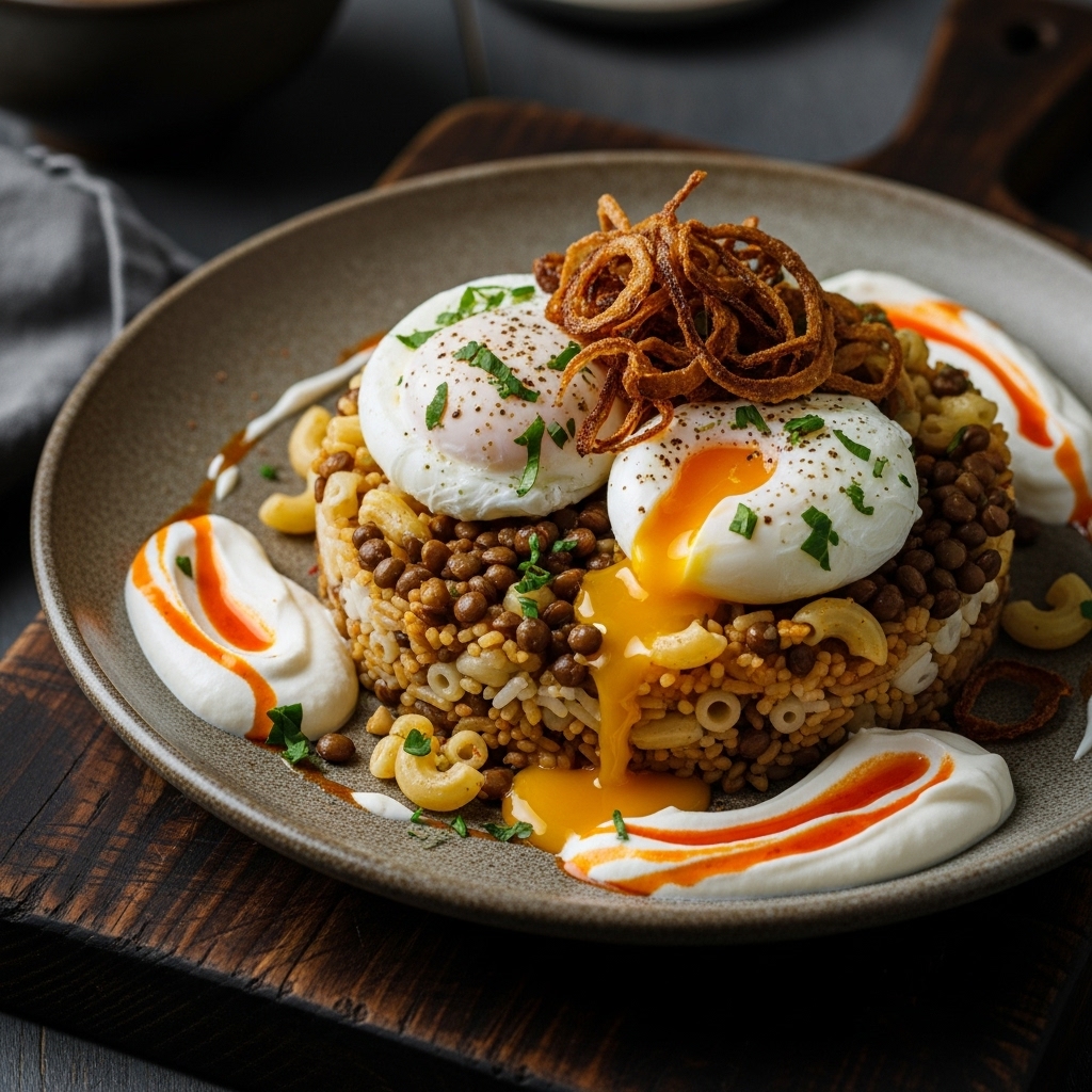 Luxurious Egyptian Brunch: Koshari Supreme with Poached Eggs and Spiced Labneh