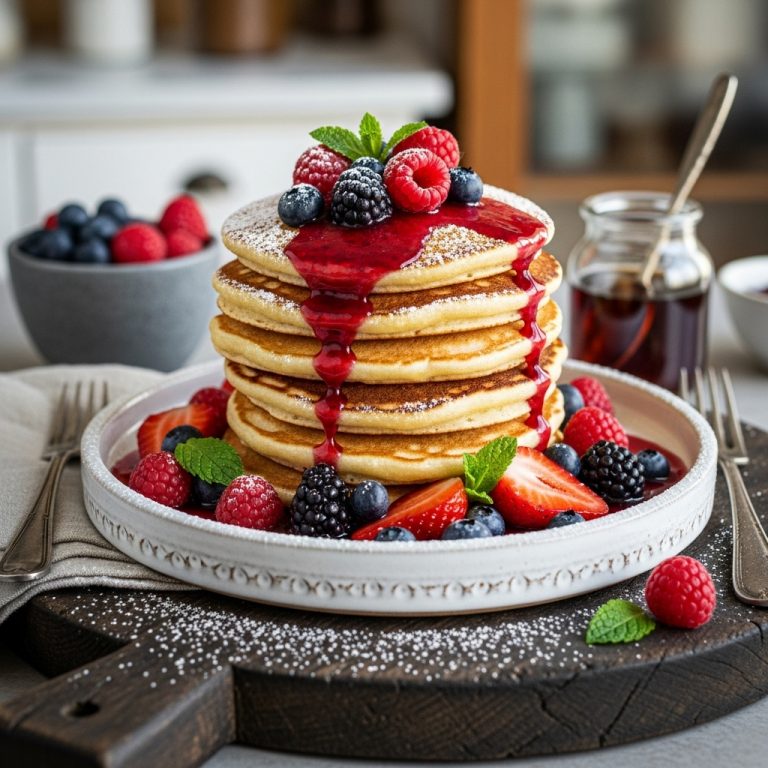 “Luxurious German Gluten-Free Brunch Delight: Bavarian Pancake Tower with Fresh Berry Compote”