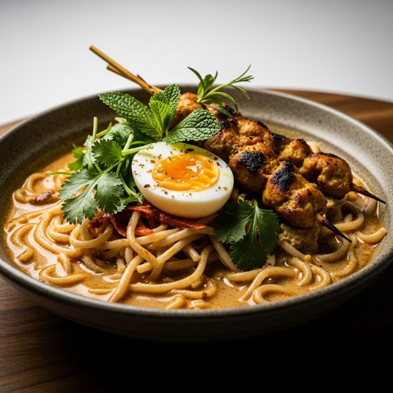 Luxurious Gluten-Free Malaysian Brunch: Coconut Laksa Noodle Bowl with Grilled Satay Chicken and Soft-Boiled Egg