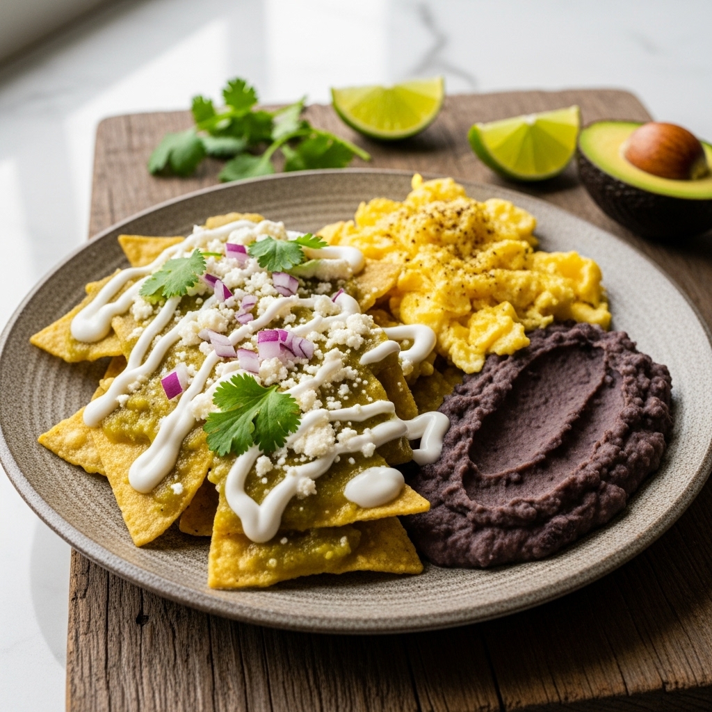 Luxurious Gluten-Free Mexican Brunch: Chilaquiles Verdes Con Huevos Revueltos Y Refritos De Frijol