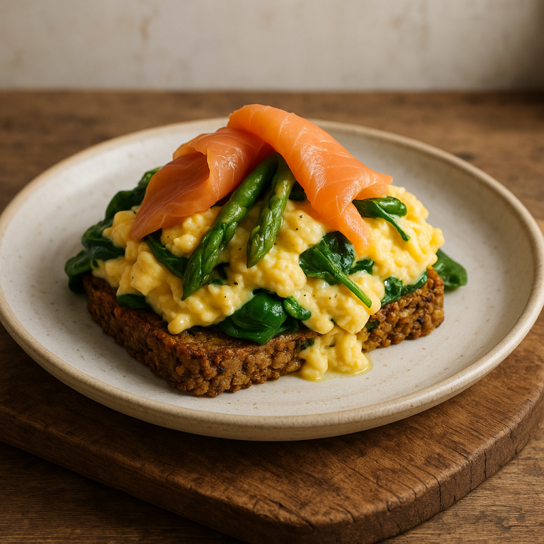 “Luxurious Gluten-Free New Zealand Brunch: Smoked Salmon Scramble with Asparagus & Spinach on Quinoa Toast”
