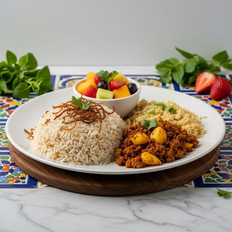 Luxurious Gluten-Free Pakistani Breakfast Feast: Aromatic Biryani, Spicy Aloo Keema, and Fresh Fruit Salad