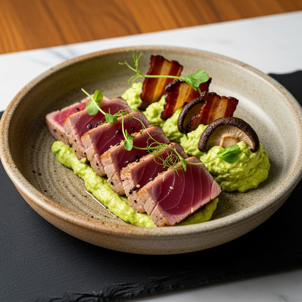 Luxurious Japanese Paleo Brunch: Succulent Seared Ahi Tuna with Creamy Avocado Mousse and Crispy Shiitake Bacon