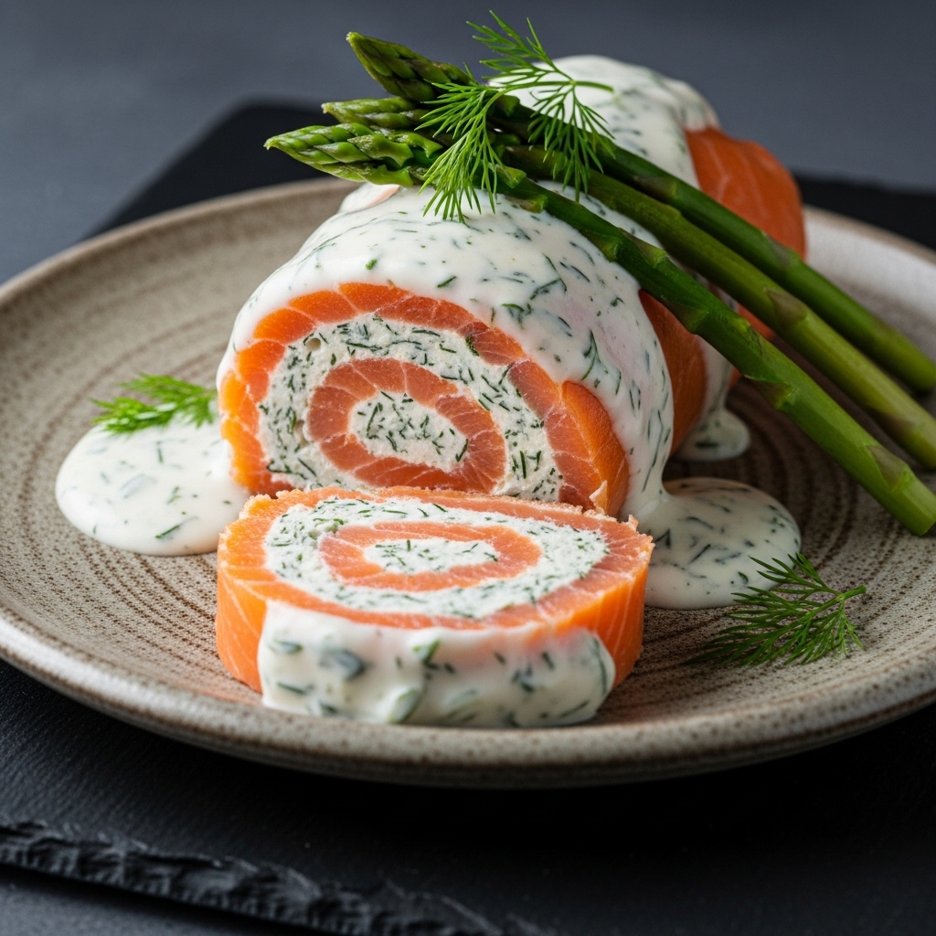 Luxurious Scottish Smoked Salmon Roulade with Asparagus and Dill Cream Sauce