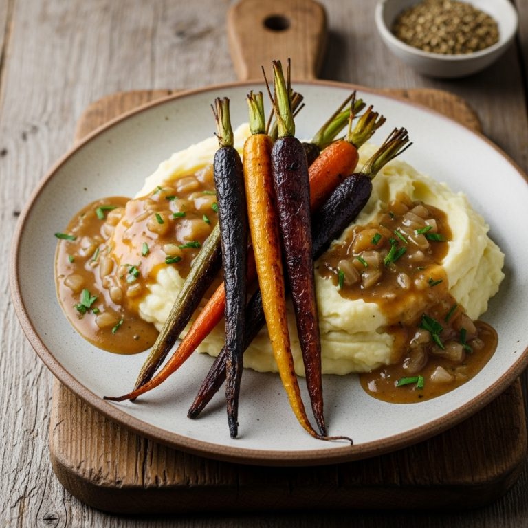 Luxurious Vegan Irish Lunch: Roasted Rainbow Carrots, Creamy Mashed Potatoes & Herb-Infused Gravy