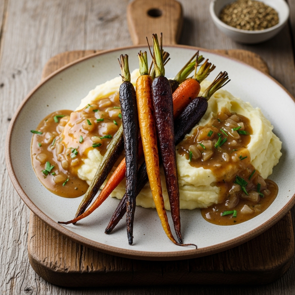 Luxurious Vegan Irish Lunch: Roasted Rainbow Carrots, Creamy Mashed Potatoes & Herb-Infused Gravy