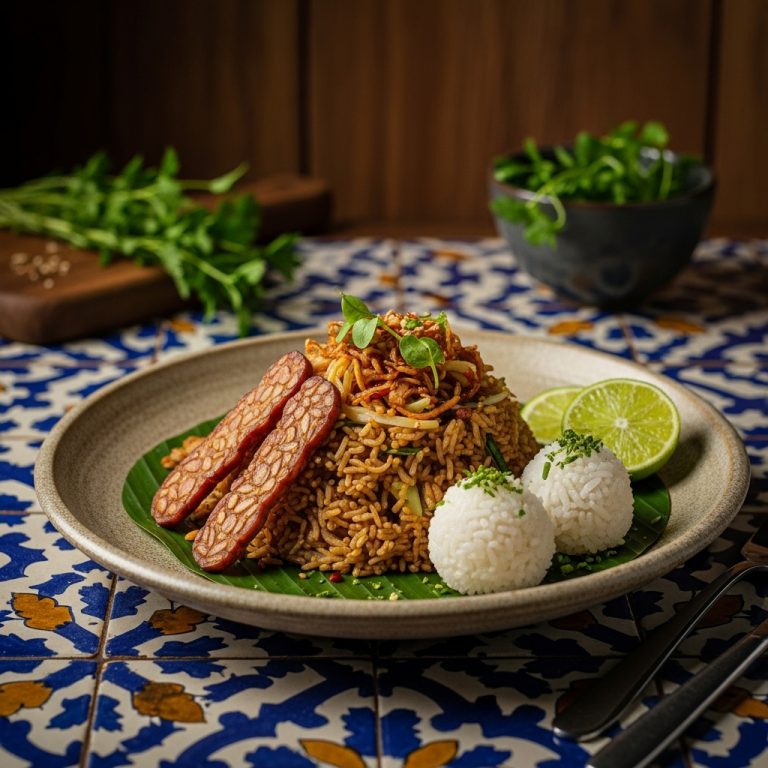 Luxurious Vegetarian Indonesian Brunch: Exquisite Nasi Goreng Vegetarian with Tempeh Bacon & Coconut-Lime Rice Balls