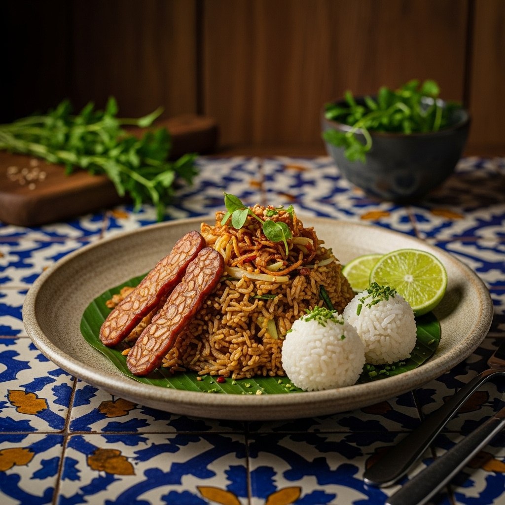 Luxurious Vegetarian Indonesian Brunch: Exquisite Nasi Goreng Vegetarian with Tempeh Bacon & Coconut-Lime Rice Balls