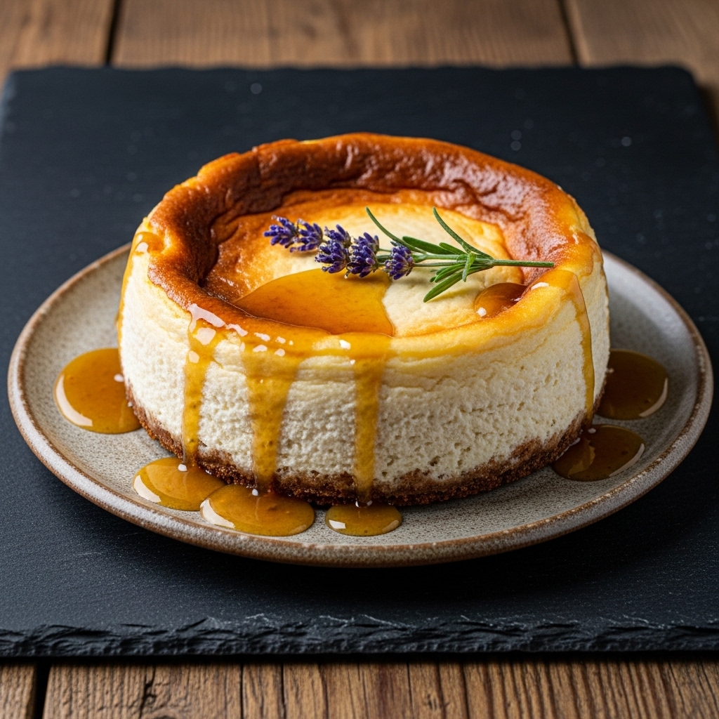 Magnificent Russian Gluten-Free Kefir Cheesecake Served with Lavender Honey Sauce