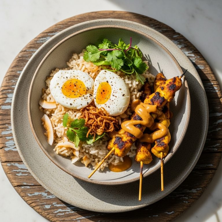 Malaysian Brunch Delight: Coconut-Lemongrass Rice Bowl with Poached Eggs and Chicken Satay Skewers