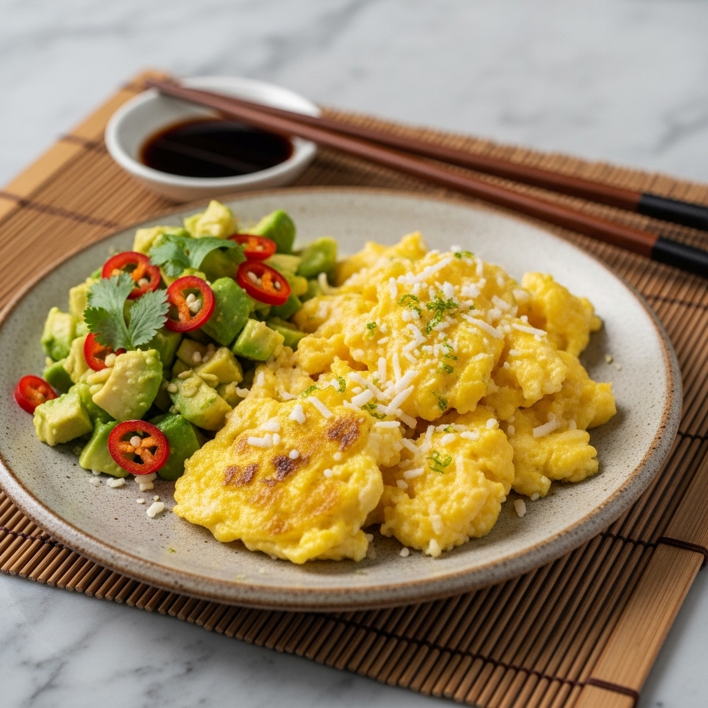 Malaysian Keto Breakfast: Coconut-Lime Scrambled Eggs with Spicy Avocado Salsa