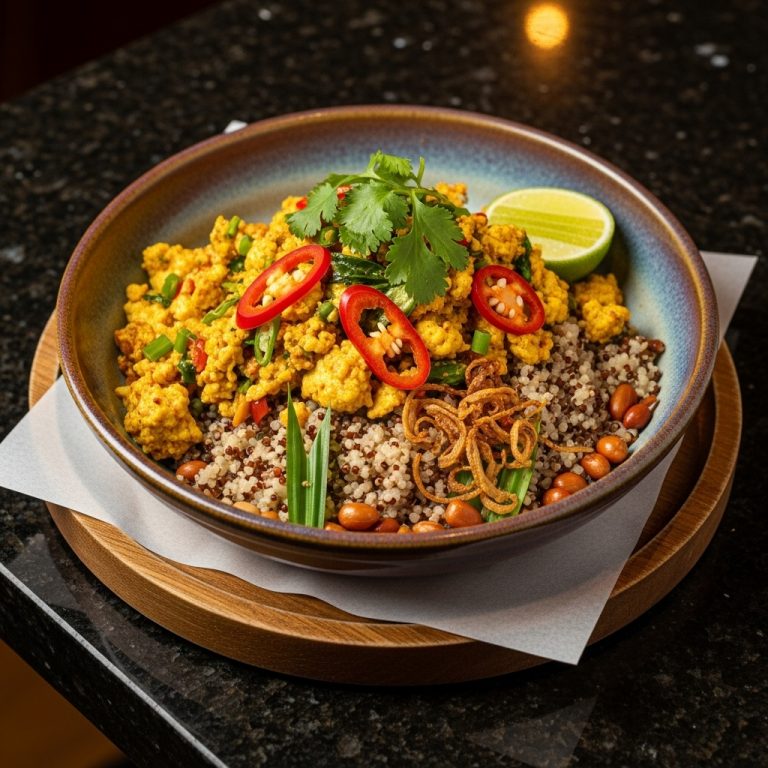 “Malaysian Vegetarian Brunch Delight: Laksa Tofu Scramble with Nasi Lemak-Inspired Quinoa