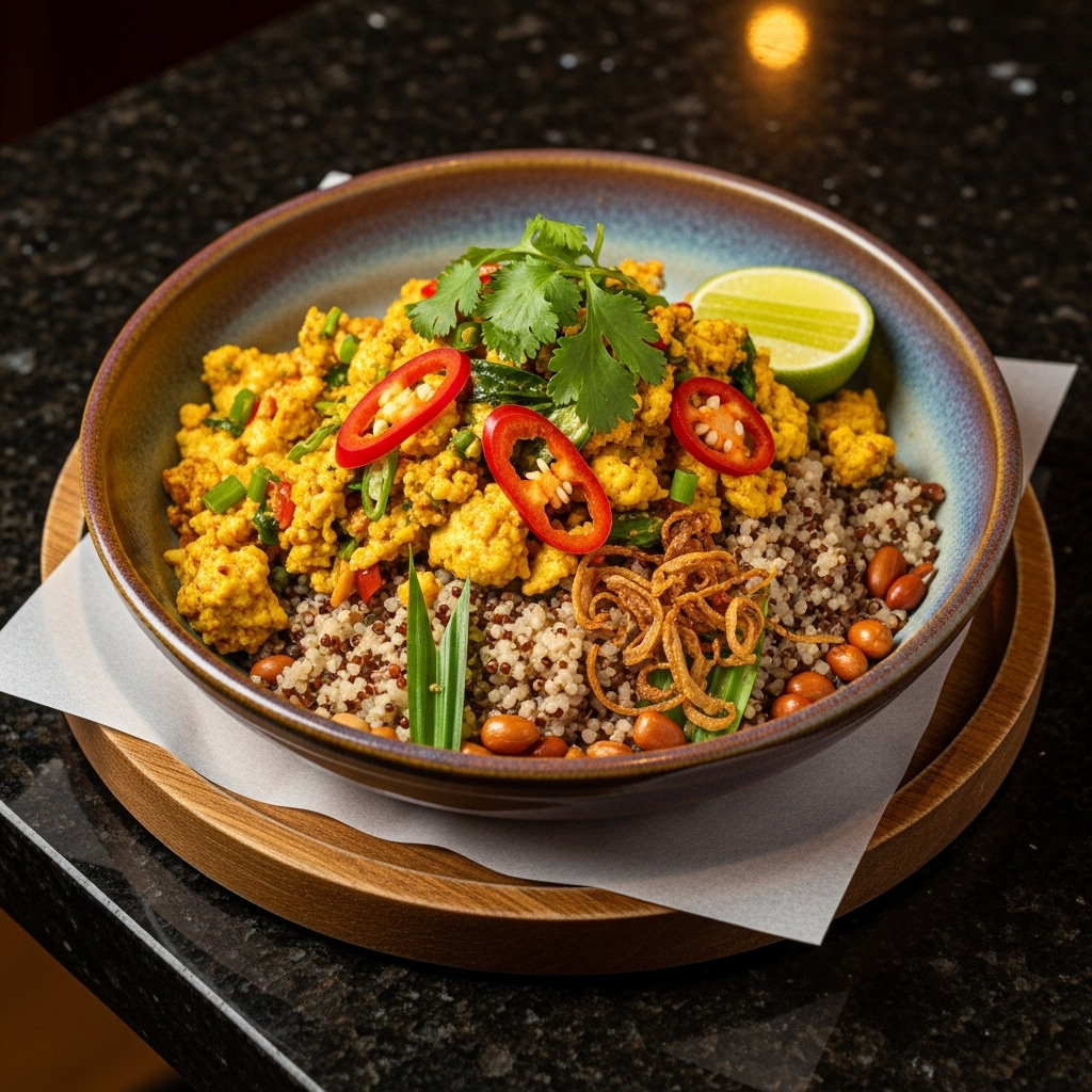 “Malaysian Vegetarian Brunch Delight: Laksa Tofu Scramble with Nasi Lemak-Inspired Quinoa