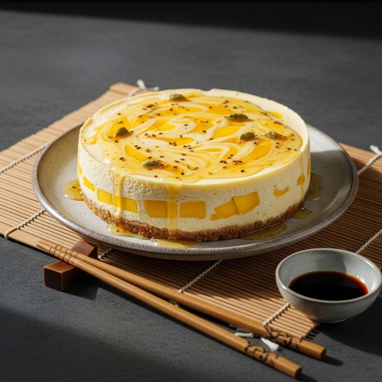 Mango Mascarpone Cheesecake with Cardamom-Infused Honey Drizzle