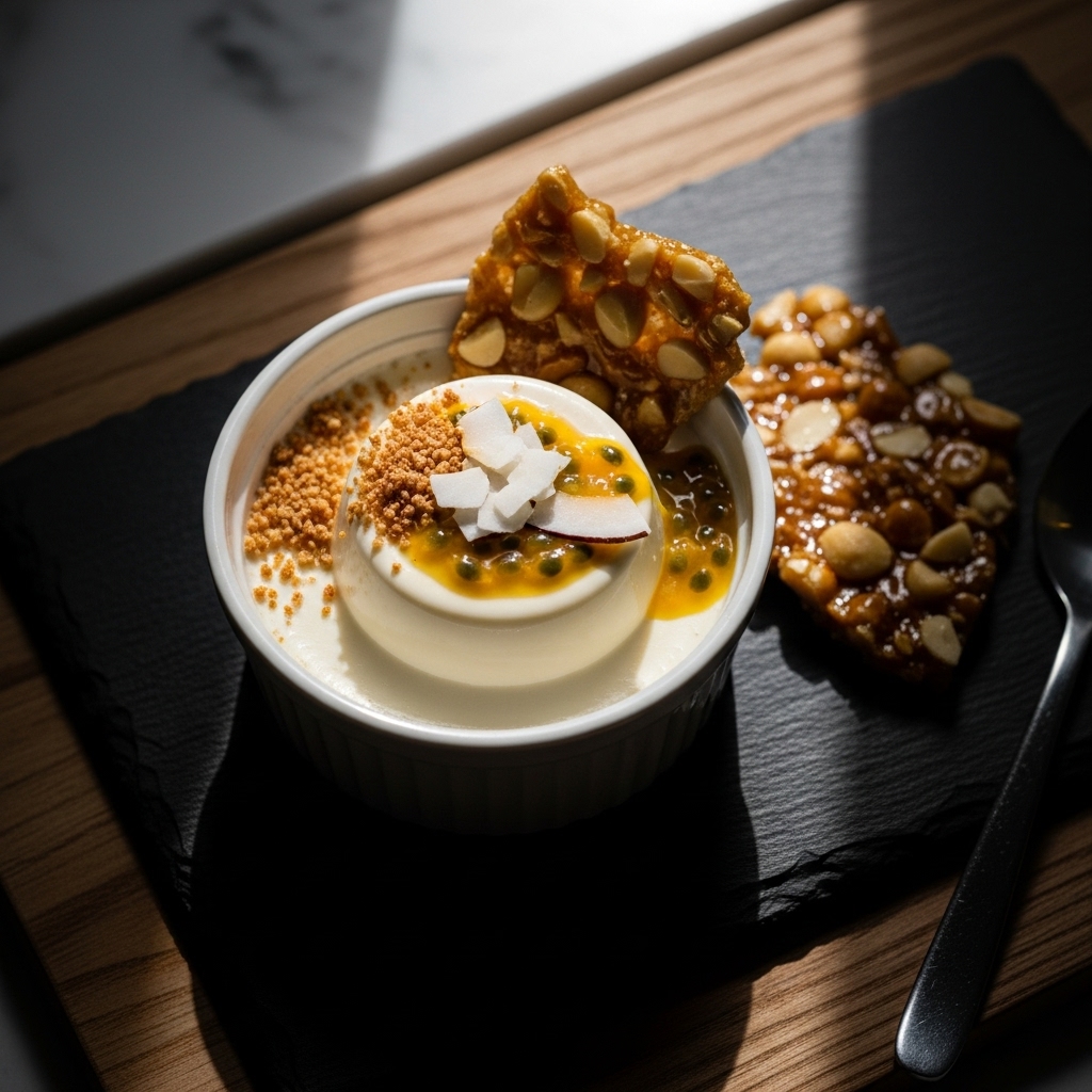 Maui Moonlit Coconut Panna Cotta with Macadamia Brittle