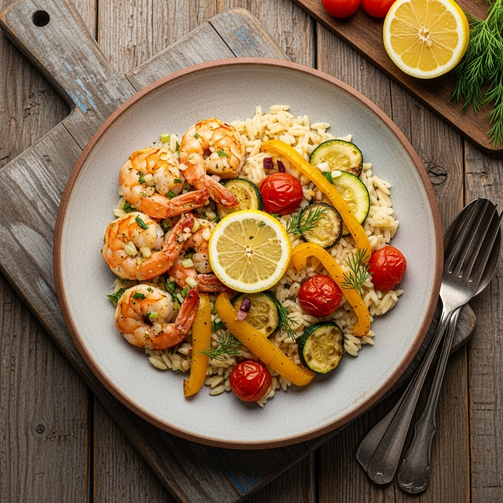 “Mediterranean Bliss: Greek Dinner Featuring Lemon Garlic Shrimp, Creamy Orzo, and Crispy Vegetables”