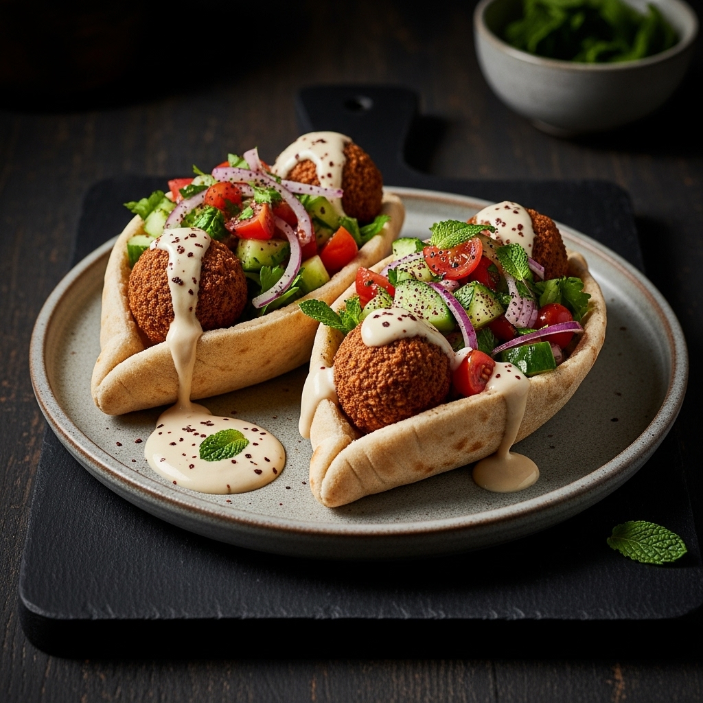“Mediterranean Delight: Gluten-Free Falafel Pita Boats with Tahini Sauce”