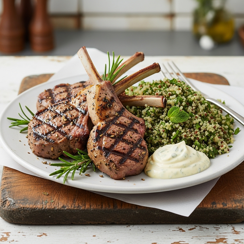 Mediterranean Delight: Succulent Grilled Lamb Chops with Herb-Infused Quinoa and Lemon-Garlic Aioli