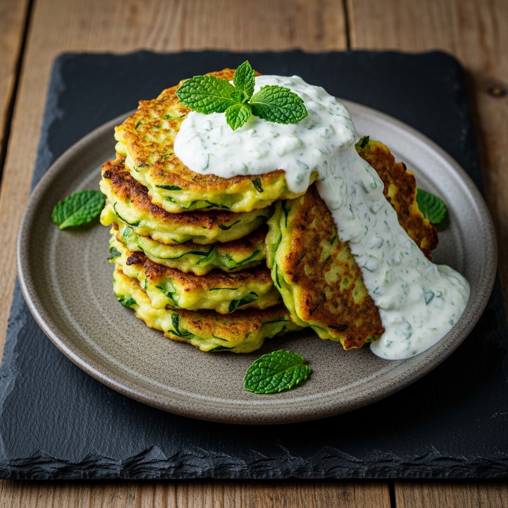 “Mediterranean Delight: Sumptuous Zucchini Fritters with Mint Yogurt Sauce”