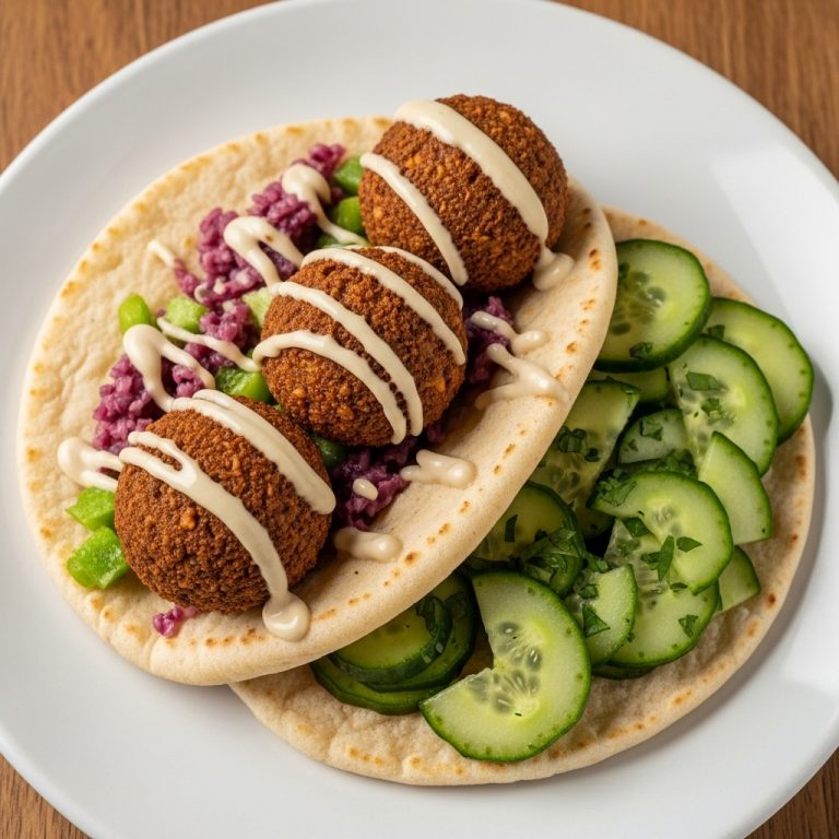 Mediterranean Delight: Vegan Falafel Pita with Tahini Dressing and Cucumber Salad (Gluten-Free)