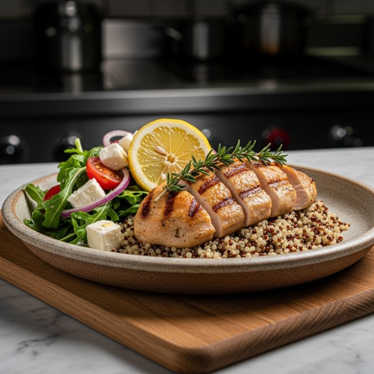 Mediterranean Grilled Lemon Herb Chicken with Greek Salad and Quinoa Pilaf for Paleo Diet