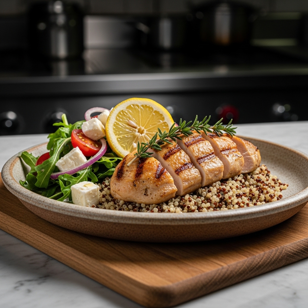 Mediterranean Grilled Lemon Herb Chicken with Greek Salad and Quinoa Pilaf for Paleo Diet