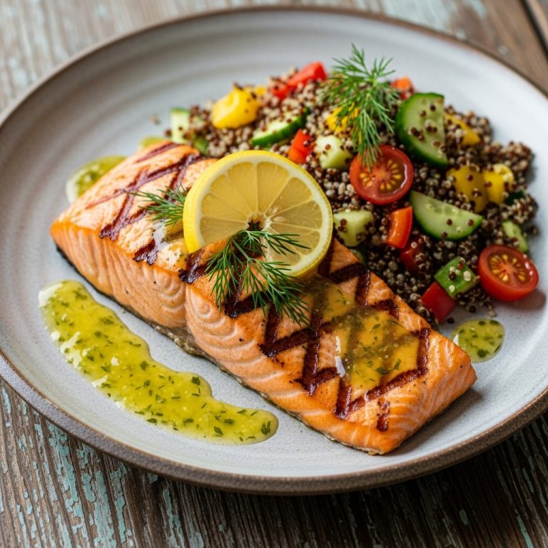 Mediterranean Grilled New Zealand Salmon with Quinoa and Lemon Herb Sauce (Gluten-Free)