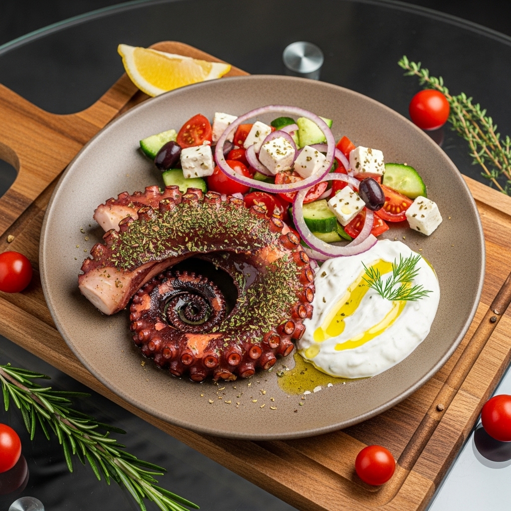 “Mediterranean Grilled Octopus with Greek Salad & Tzatziki Sauce”