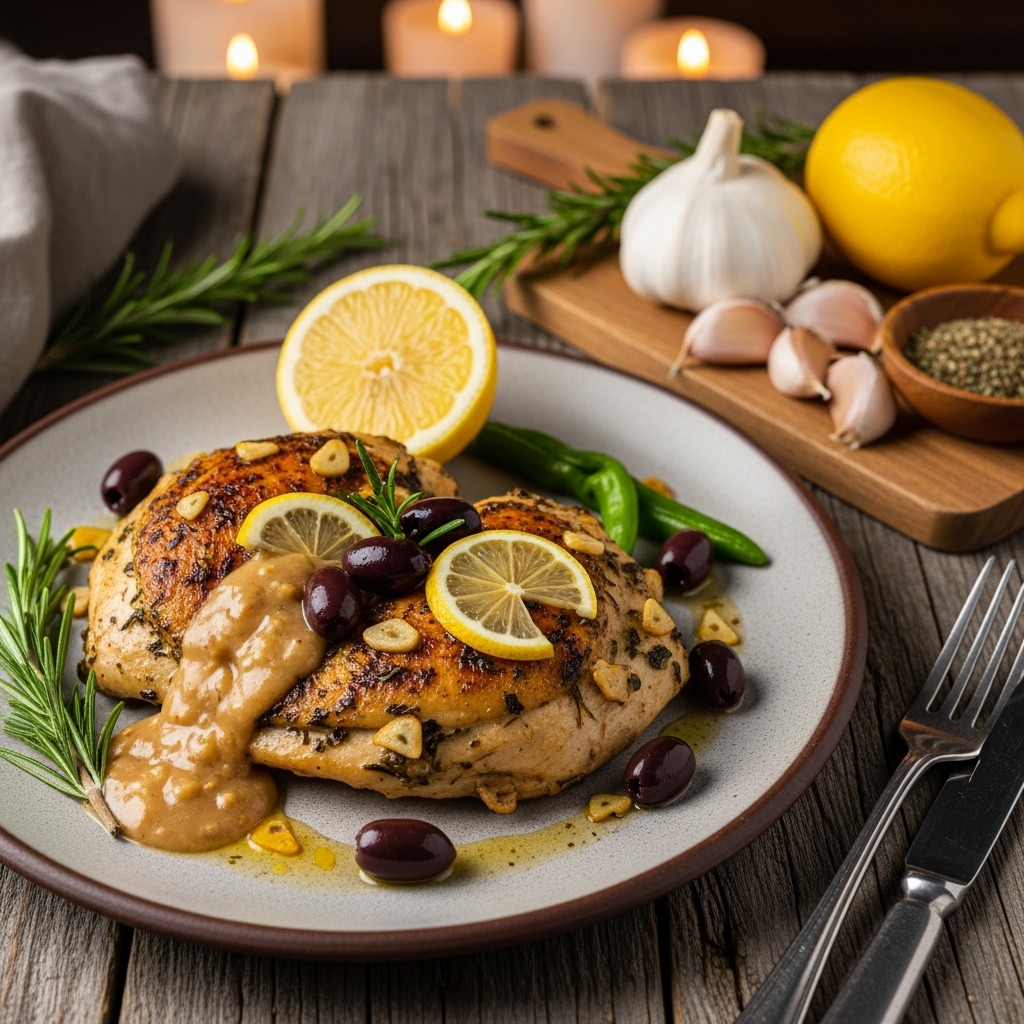 “Mediterranean Herbed Chicken with Garlic-Lemon Sauce (Keto-Friendly)”