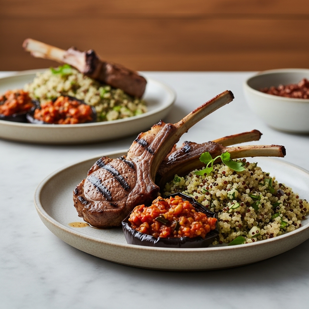 Mediterranean-Inspired Israeli Dinner: Grilled Lamb Chops with Herb Quinoa Pilaf & Charred Eggplant Caviar
