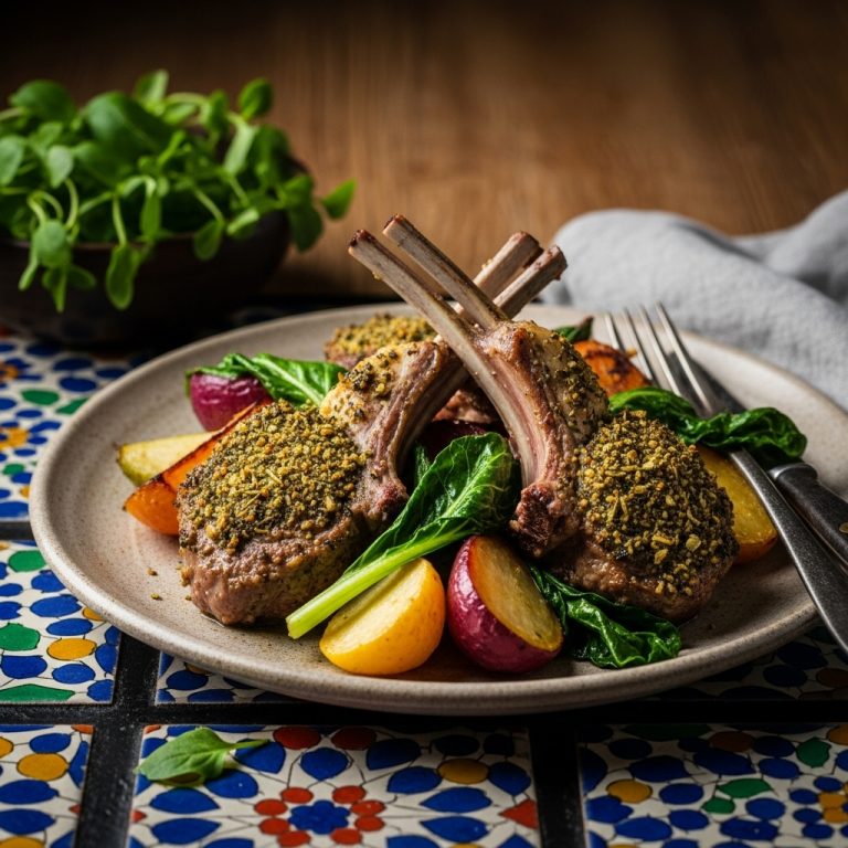 Mediterranean-Inspired Persian Dinner for Paleo Diet: Aromatic Herb-Crusted Lamb Chops, Roasted Root Vegetables, and Wilted Greens