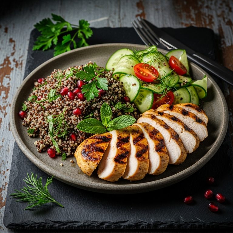 Mediterranean-Inspired Persian Lunch: Grilled Chicken with Herbed Quinoa & Cucumber Salad