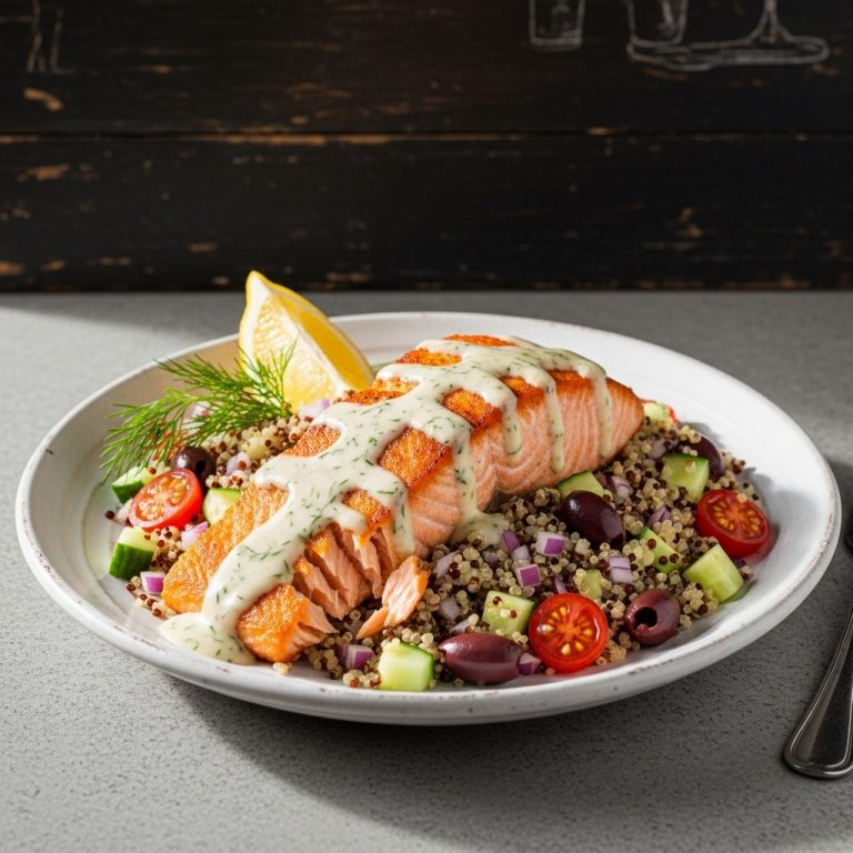 “Mediterranean-Inspired Seared Salmon & Quinoa Bowl with Lemon Dill Sauce”