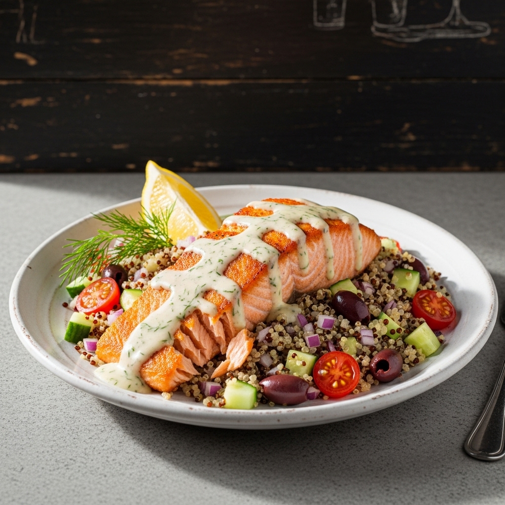 “Mediterranean-Inspired Seared Salmon & Quinoa Bowl with Lemon Dill Sauce”