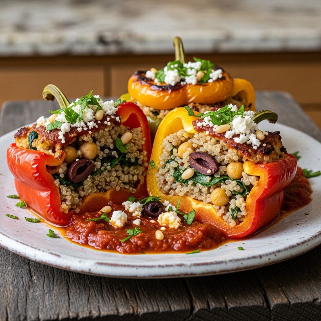 Mediterranean-Inspired Vegan Stuffed Peppers with Sun-Dried Tomato Sauce