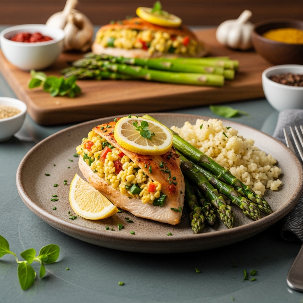 “Mediterranean Keto Delight: Aromatic Lemon-Garlic Stuffed Chicken Breast with Roasted Asparagus & Cauliflower Rice”