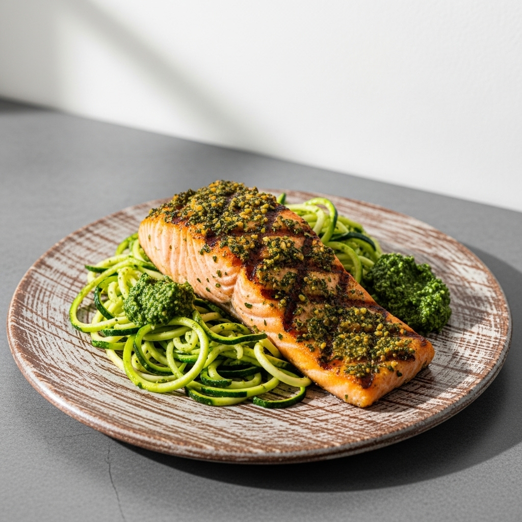“Mediterranean Keto Dinner: Grilled Herb-Crusted Salmon with Zucchini Noodles & Spinach Pesto”