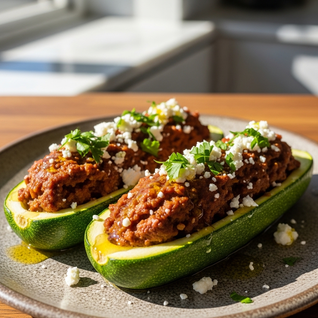 “Mediterranean Keto-Friendly Egyptian Lunch: Zucchini Boats Stuffed with Spiced Ground Lamb”