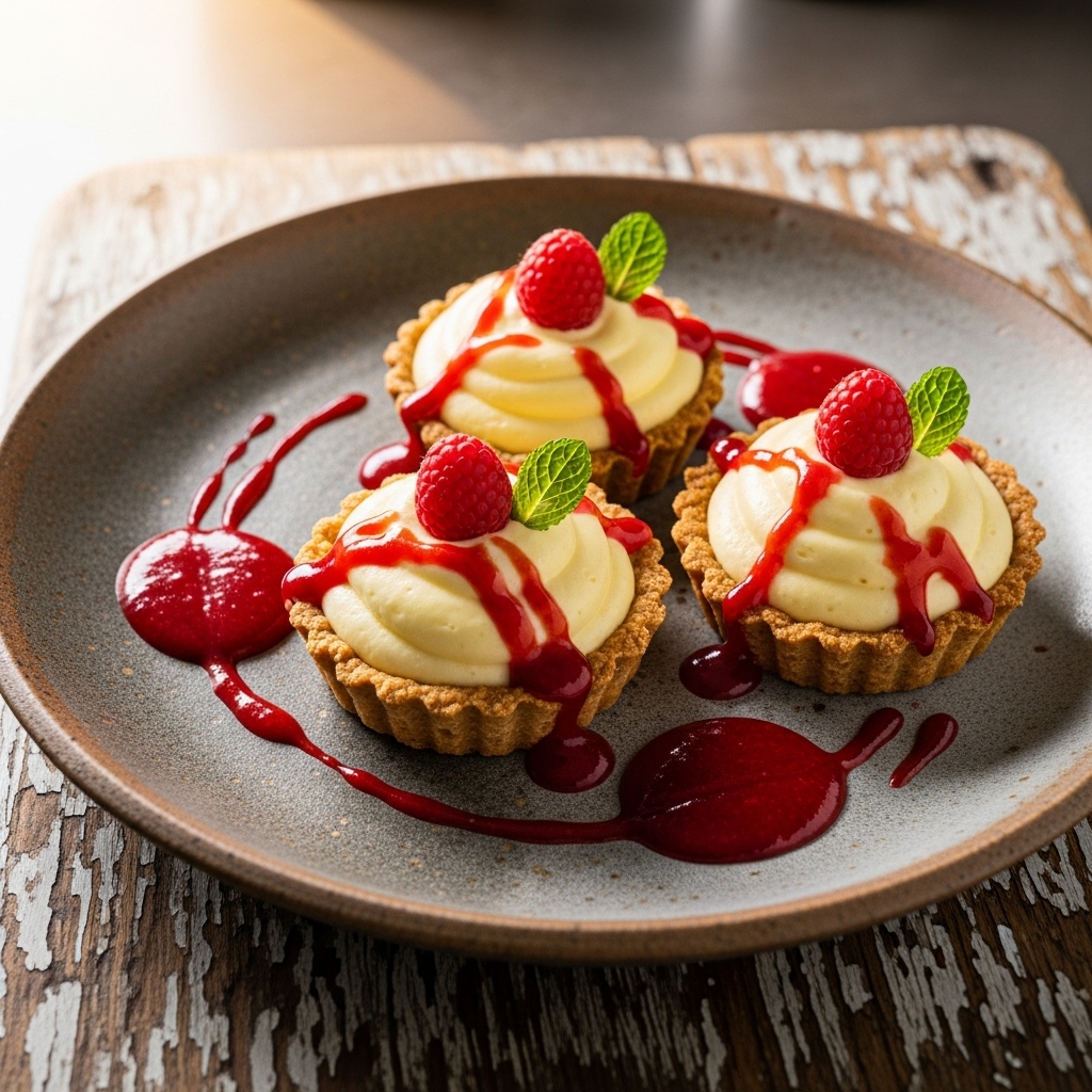 “Mediterranean Keto-Friendly Lemon Mousse Tartlets with Raspberry Coulis”