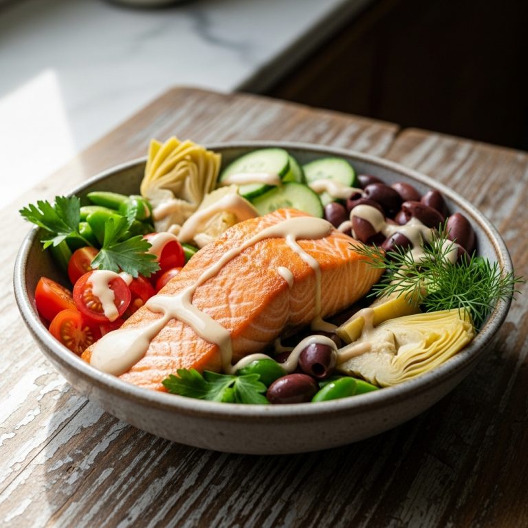 Mediterranean Keto Salmon Bowl with Lemon-Tahini Dressing