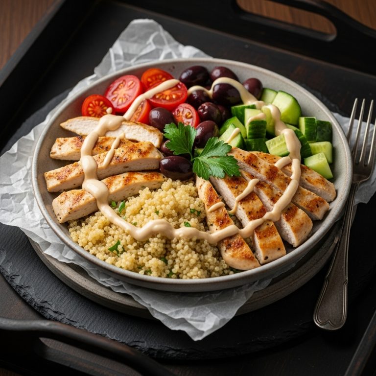 Mediterranean Paleo-friendly Lebanese Chicken & Quinoa Bowl with Zesty Lemon Tahini Dressing