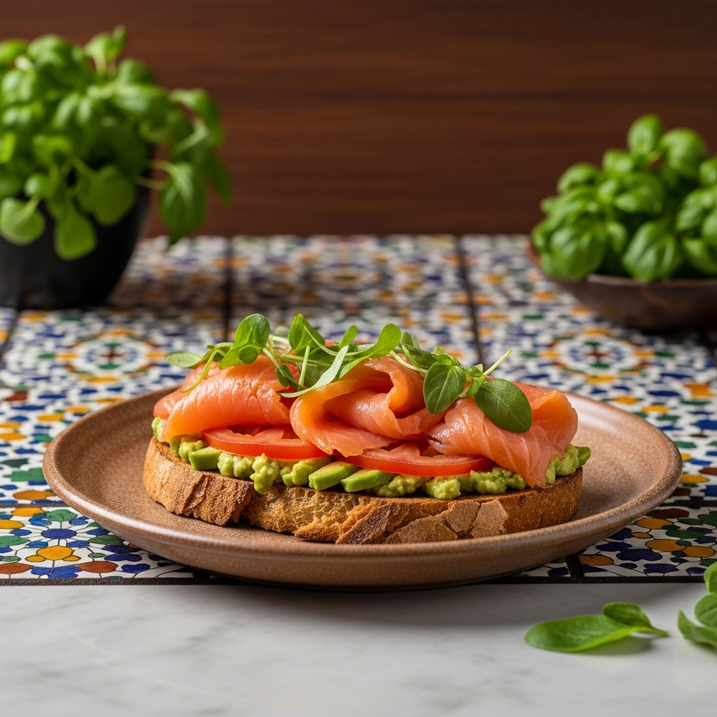 Mediterranean Portuguese Breakfast: Aromatic Smoked Salmon, Tomato & Avocado Toast with Fresh Herbs