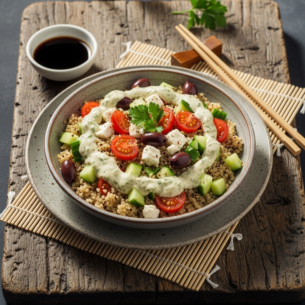 Mediterranean Quinoa Bowl with Lemon-Herb Tahini Dressing