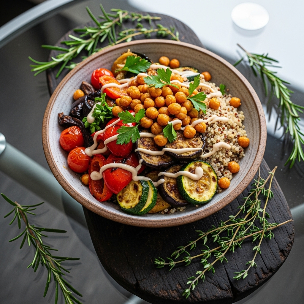 “Mediterranean Quinoa Bowl with Roasted Veggies & Chickpeas: A Delicious Vegan Brunch”