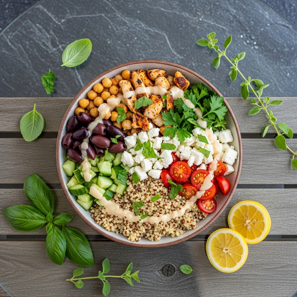 Mediterranean Quinoa Protein Bowl with Lemon Tahini Dressing